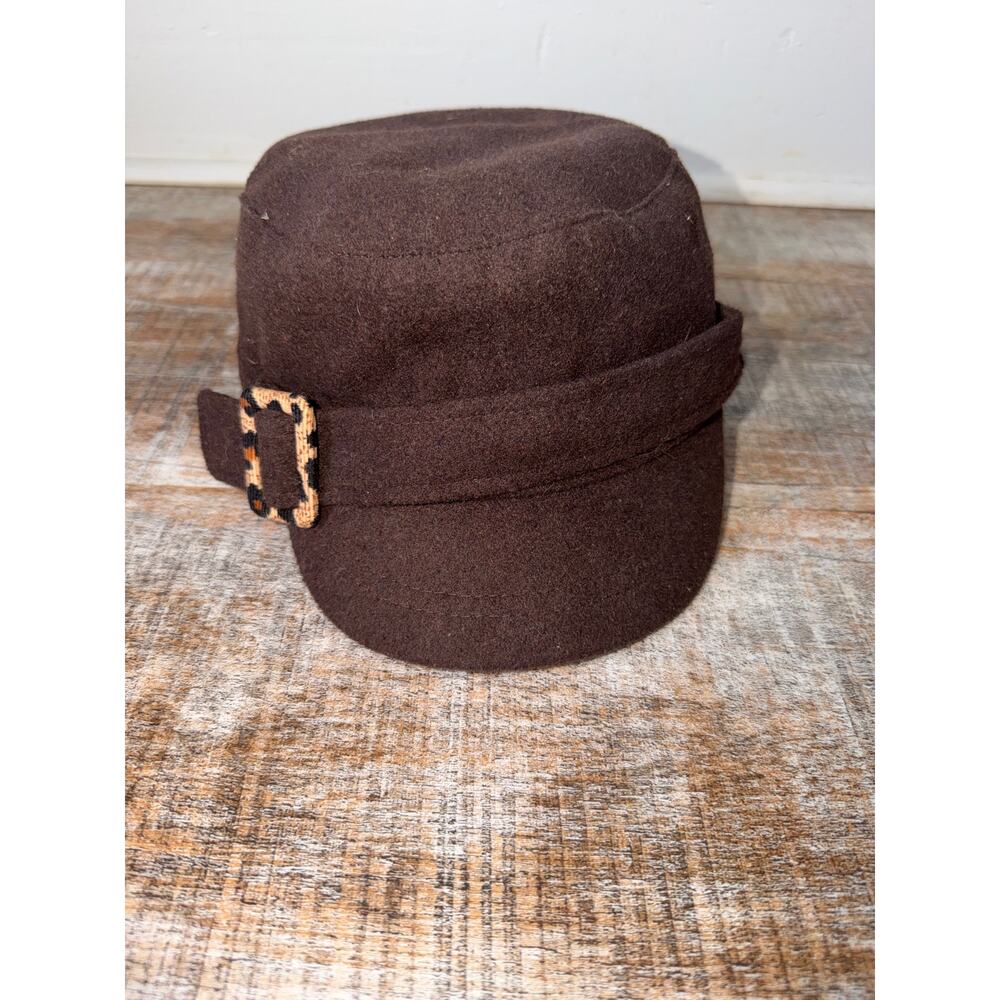 Brown Wool Blend Army Newsboy Cap Hat One Size Y2K Buckle Embellishment Cadet